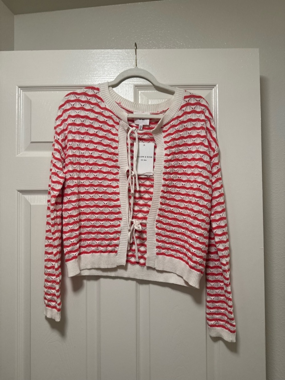 Willow & Wind Striped Tie-Front Knit Cardigan Sweater - Pink & White